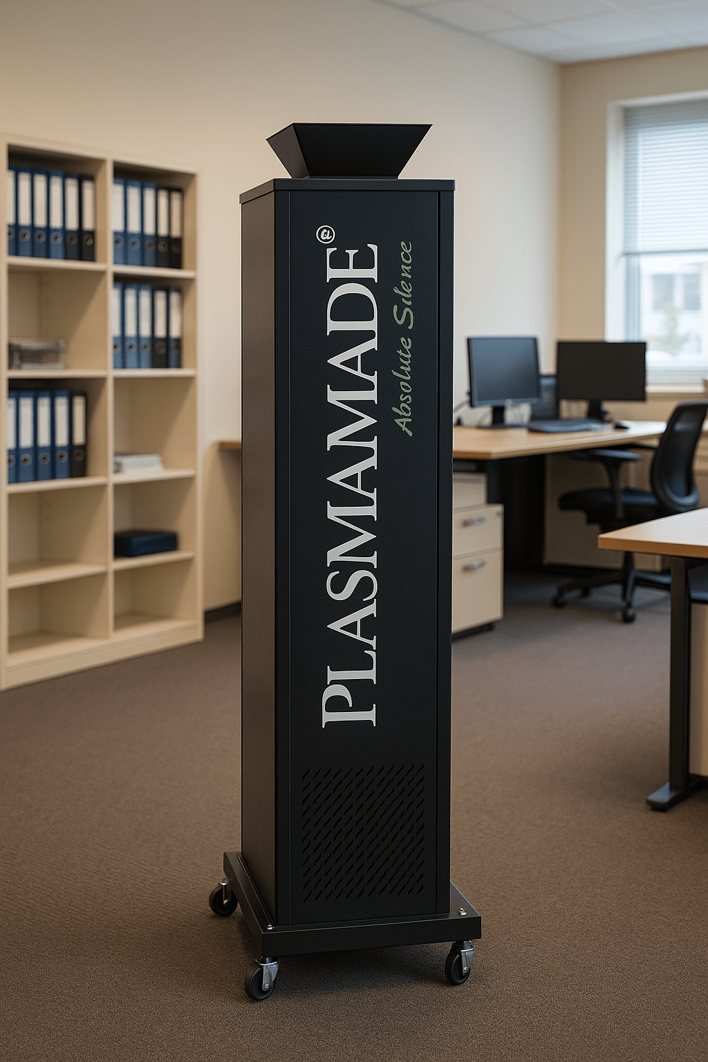 Flexible Luftreinigung: Der plasmaMade AirCleaner stehend in einem Büro.