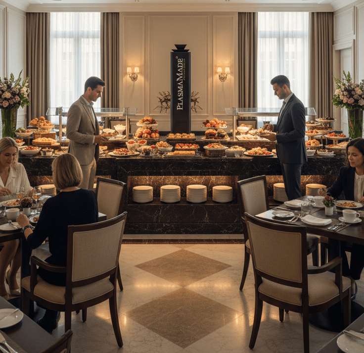 Ein gefülltes Hotel Restaurant mit Buffet und im Hintergrund der PlasmaMade Aircleaner 