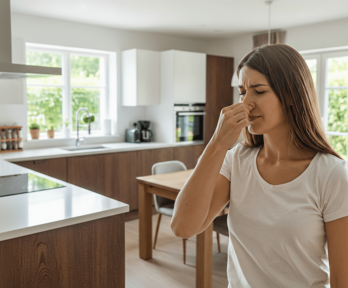 Küchengerüche mit dem E Filter entfernen: eine Frau hält sich die Nase zu, um unangenehme Küchengerüche in ihrer Küche zu vermeiden