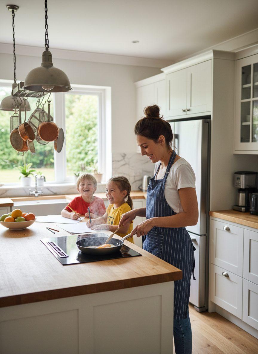 Frau mit Kindern in der Küche am Spiegelei machen