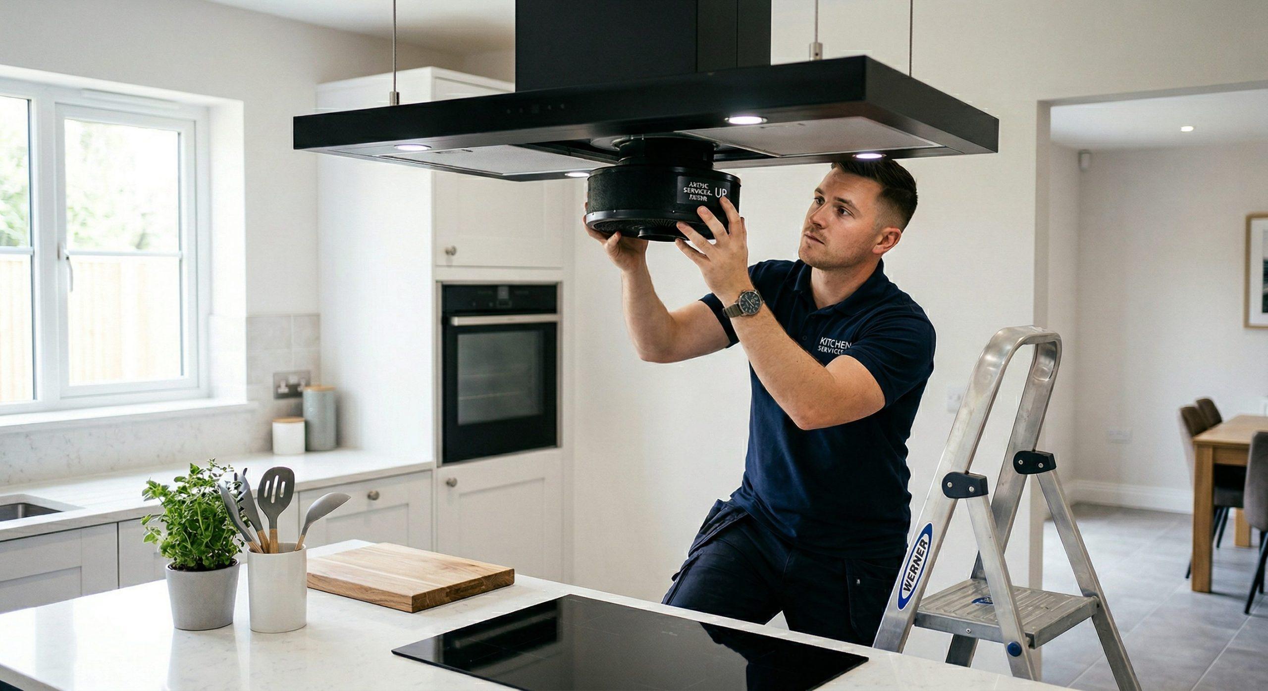 Ein Techniker montiert einen PlasmaMade E-Filter an einer bestehenden Inselhaube – die Nachrüstung ist unkompliziert und schnell erledigt.