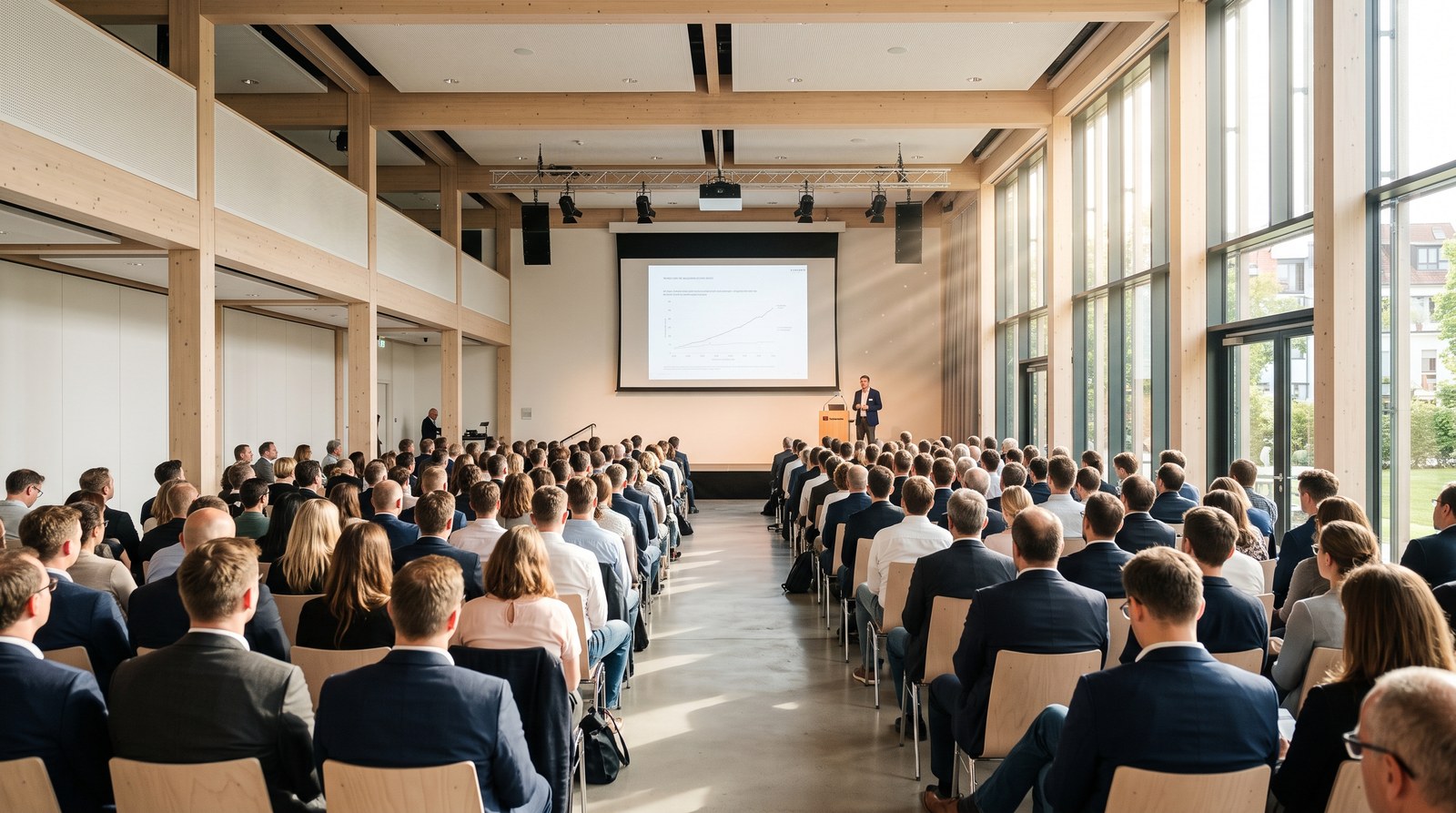 Voll besetzter Veranstaltungssaal mit Publikum vor einer Leinwand