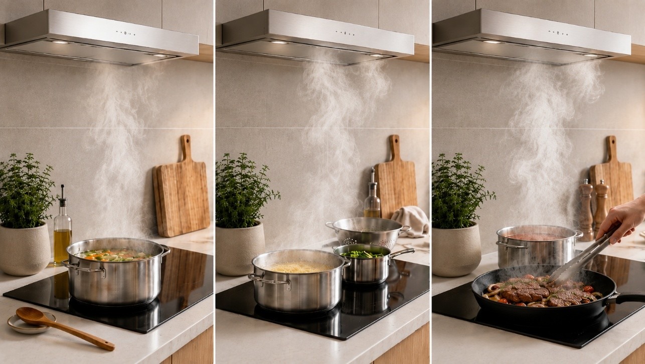 Drei Aufnahmen desselben Kochfelds nebeneinander: wenig Wrasen beim Köcheln, mehr beim Kochen, viel beim Anbraten in der Pfanne