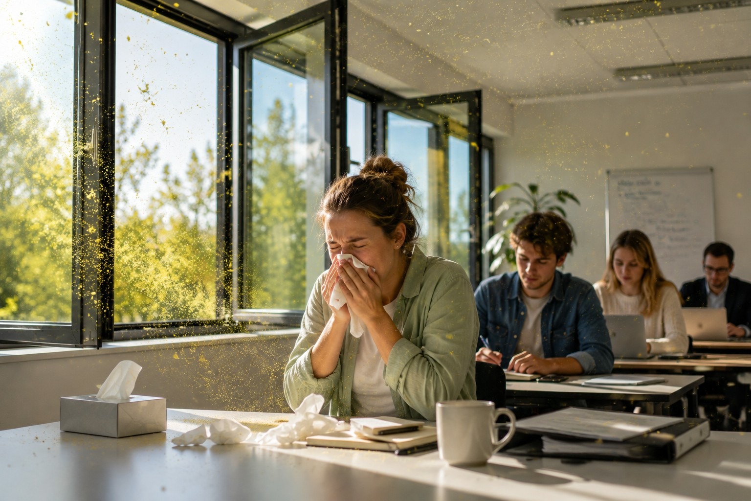 Frau putzt sich in einem hellen Büro am Fenster die Nase, im Hintergrund arbeiten drei Kolleginnen und Kollegen am Tisch