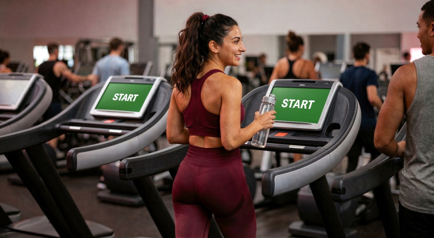 Frau auf dem Laufband in einem Fitnessstudio, im Hintergrund weitere Trainierende