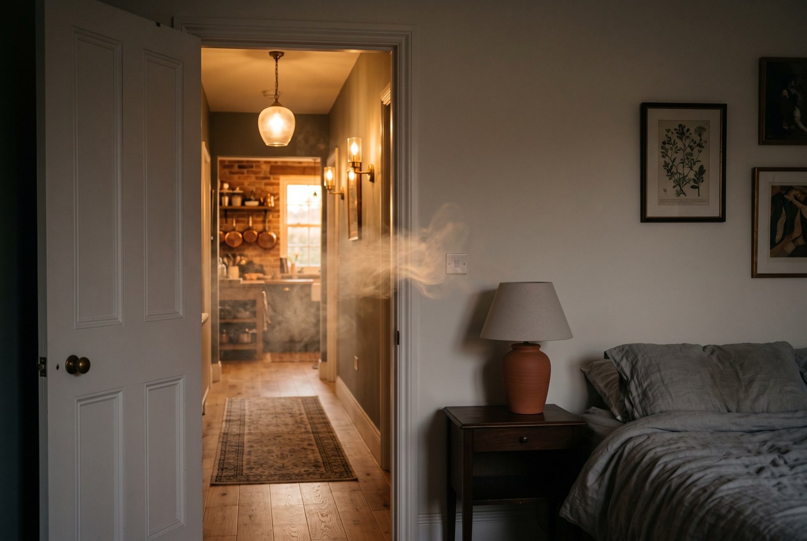 Blick durch die offene Schlafzimmertür in den Flur, aus dem Küchendunst in den Raum zieht