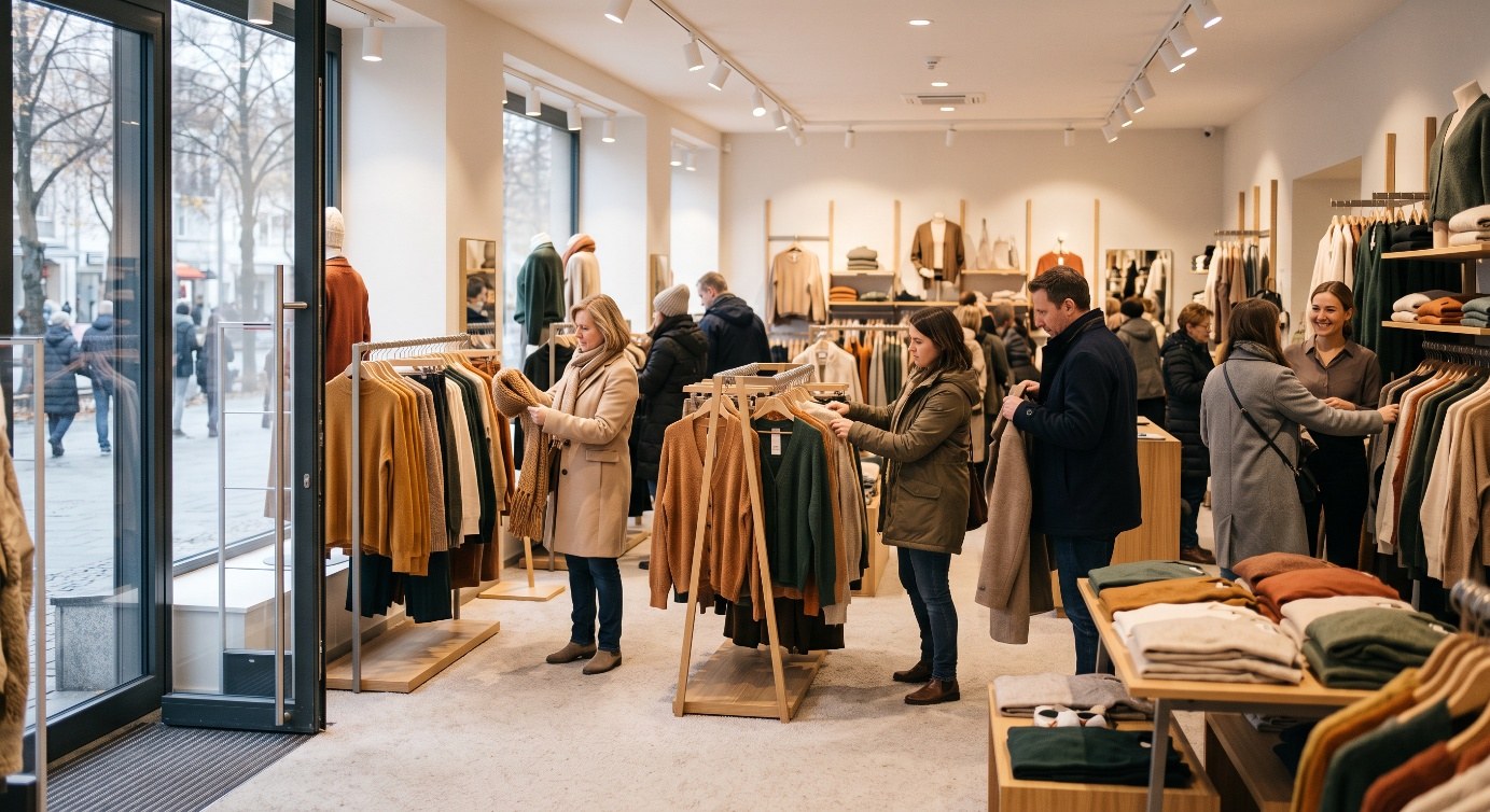 Kundinnen und Kunden zwischen Kleiderständern in einem Bekleidungsgeschäft, links die geöffnete Ladentür